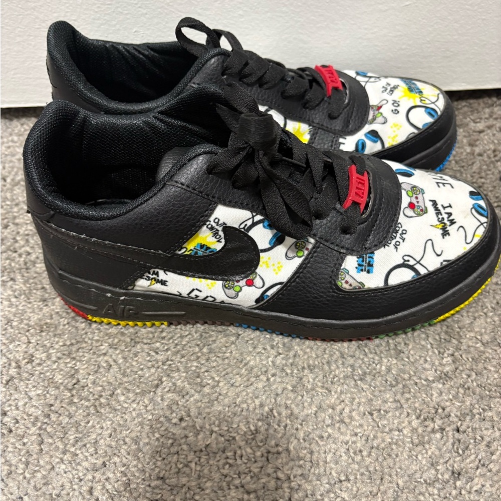 Kids Black Low-Top Sneakers with Playful Printed Panels